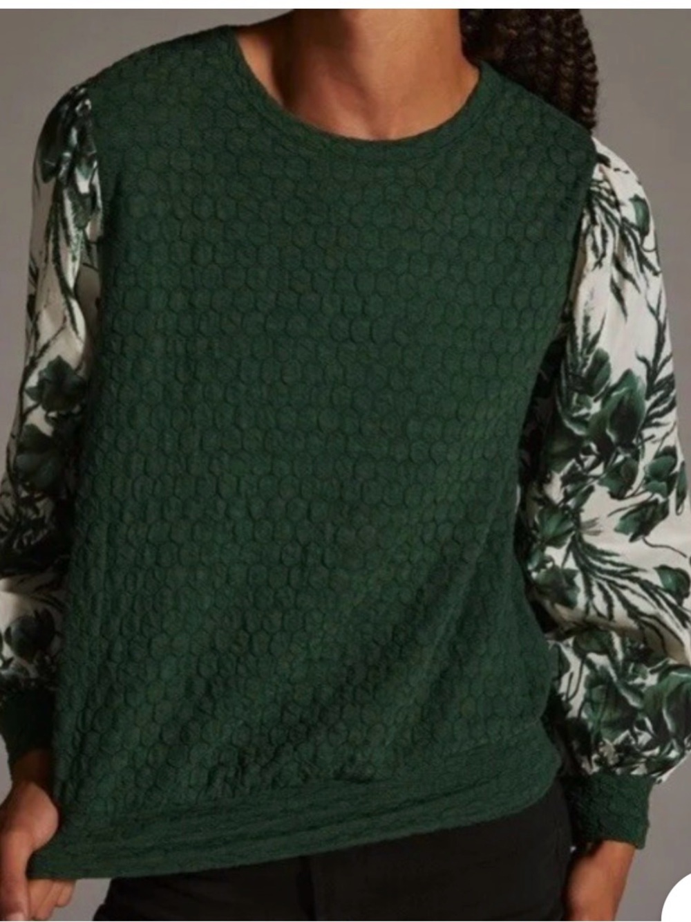 Women's Dark Green Textured Pullover Top with Floral Sleeves